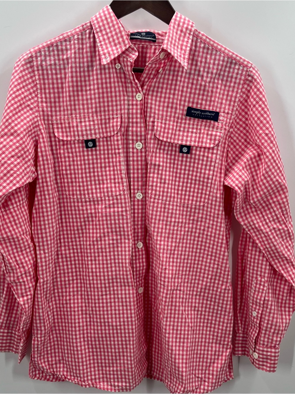 336 Simply Southern Women’s Pink/White Checked Shirt Medium